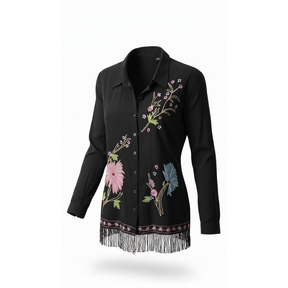 Anthony Mark Hankins Blouse Women's Large Black Floral Embroidered Fringe Boho